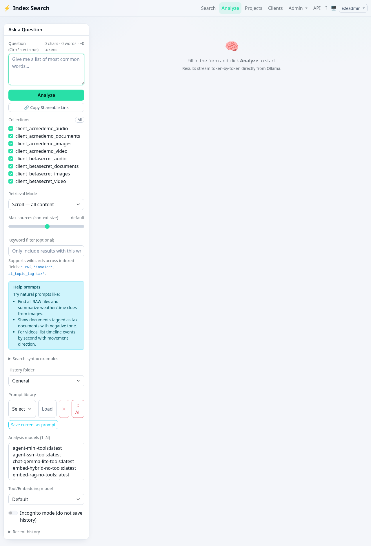 FileFerret analyze screen showing per-client collections